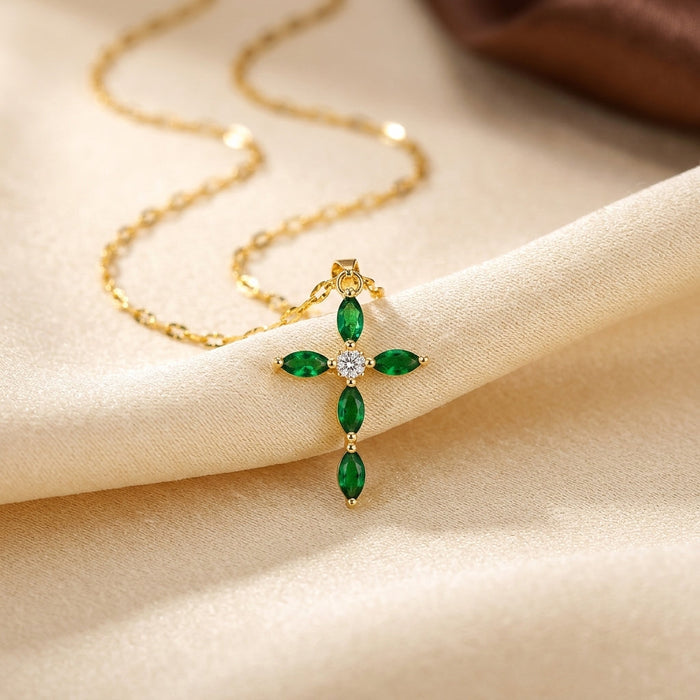 Emerald Marquise Cross Necklace in Gold