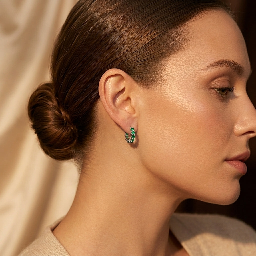 Emerald and Gold Lattice Hoop Earrings