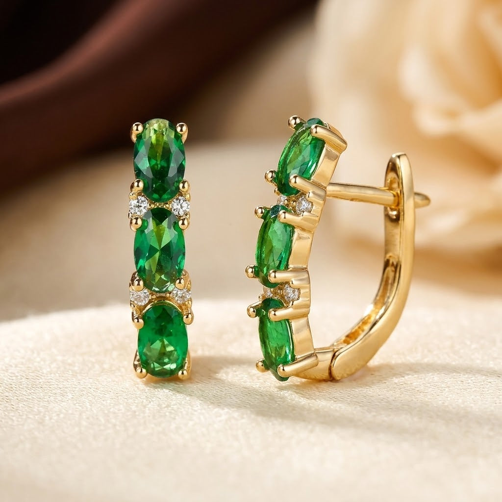Emerald and Gold Vertical Hoop Earrings