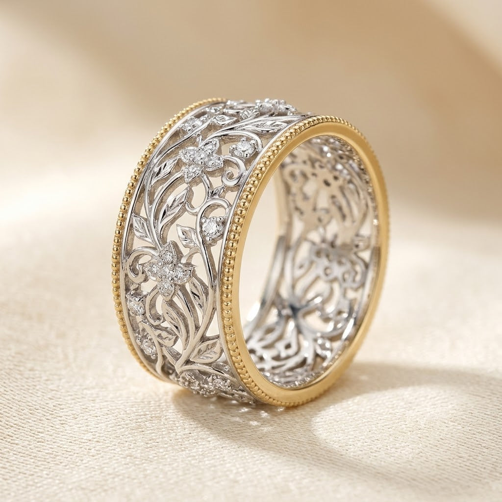 Ornate Band Ring in Silver and Gold