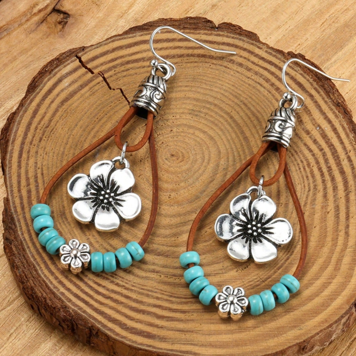 Bohemian Turquoise Floral Silver Earrings