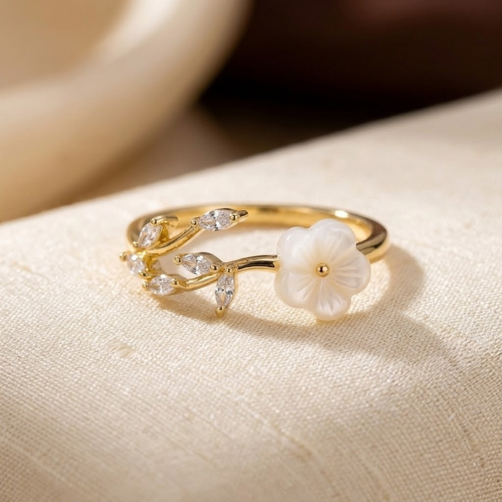 Gold Leaf and Floral Open Ring
