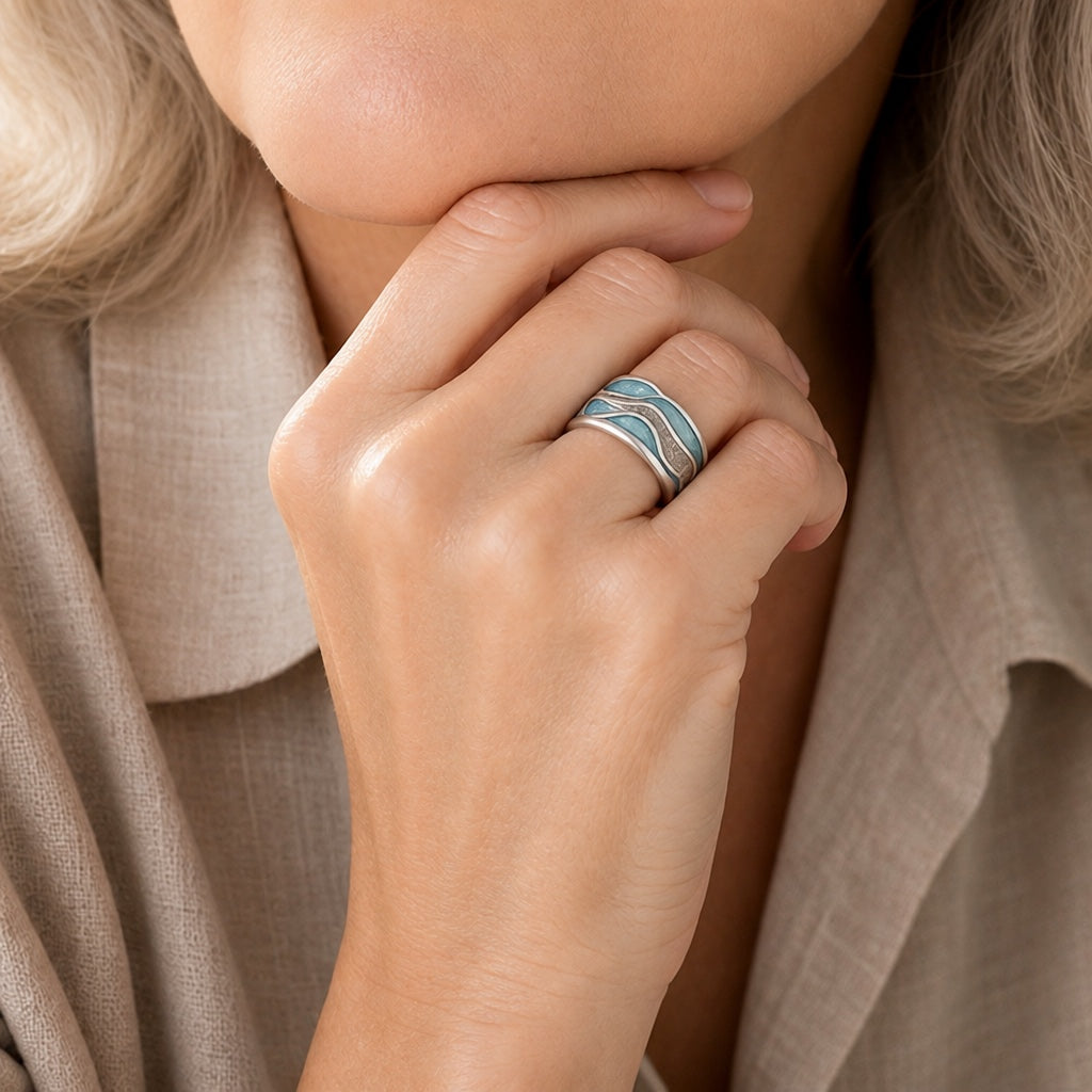Turquoise Silver Wave Band Ring
