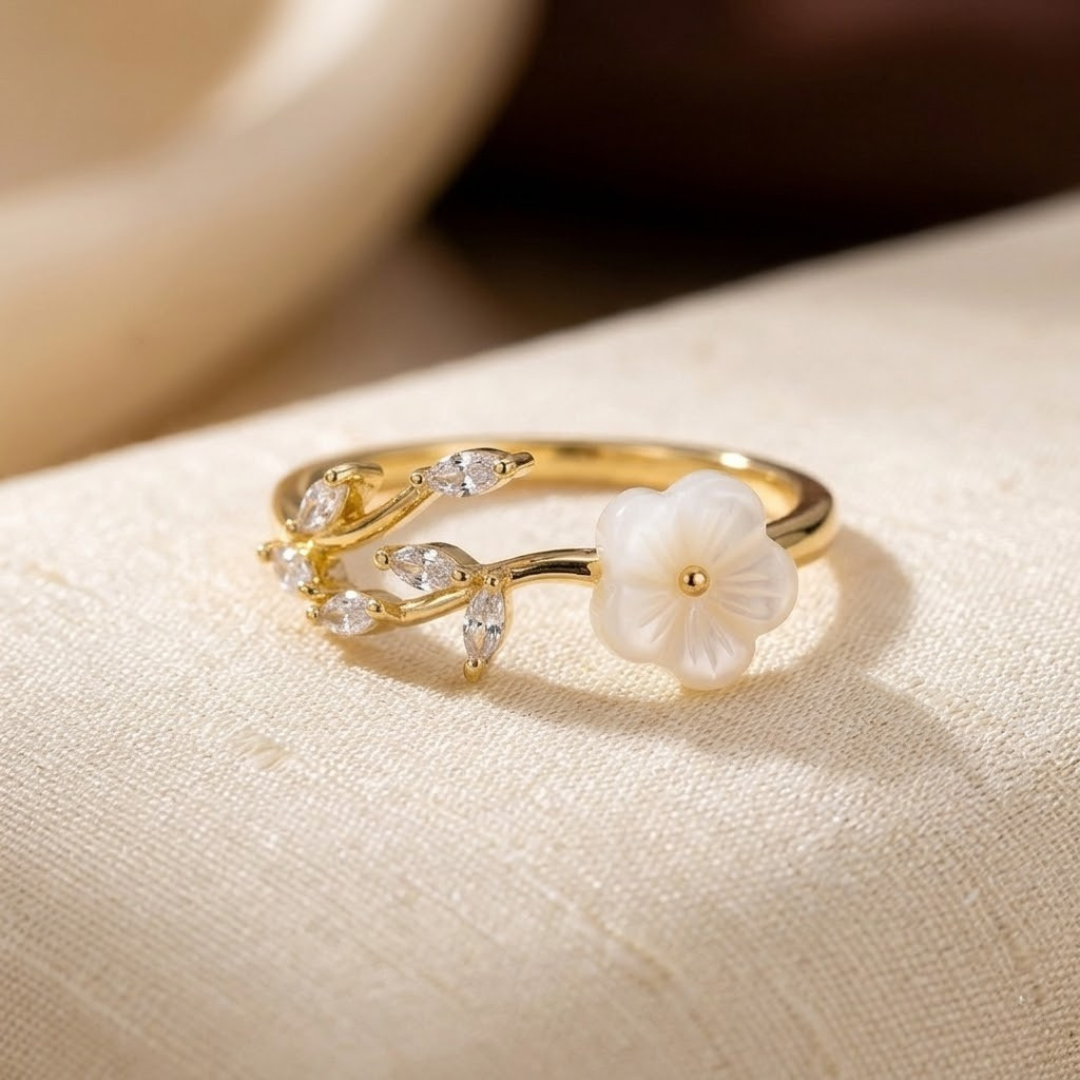 Gold Leaf-Inspired Open Ring with Floral Accents