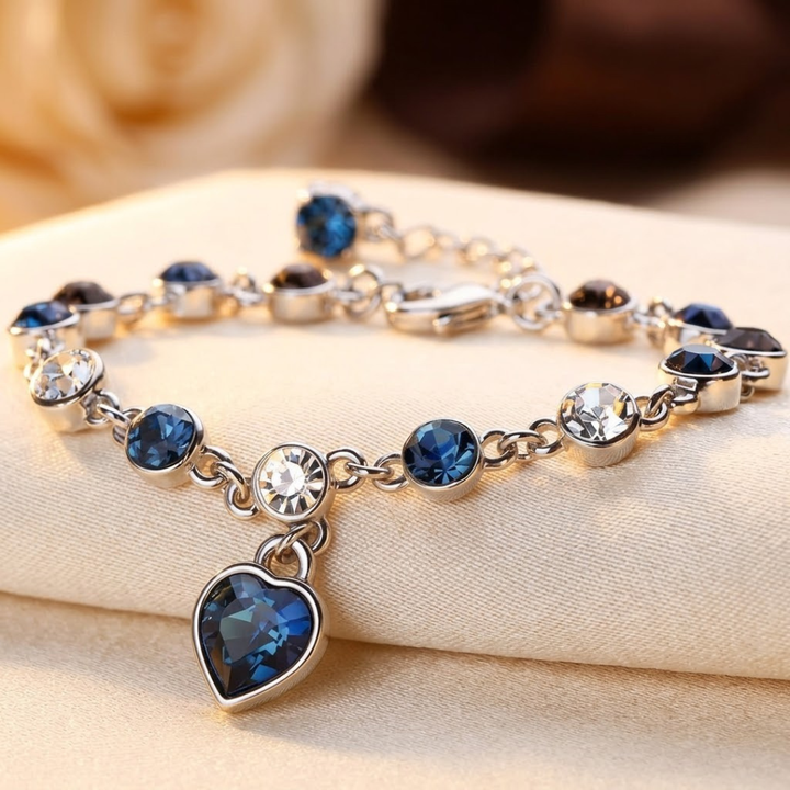 Sapphire Heart Charm Silver Link Bracelet
