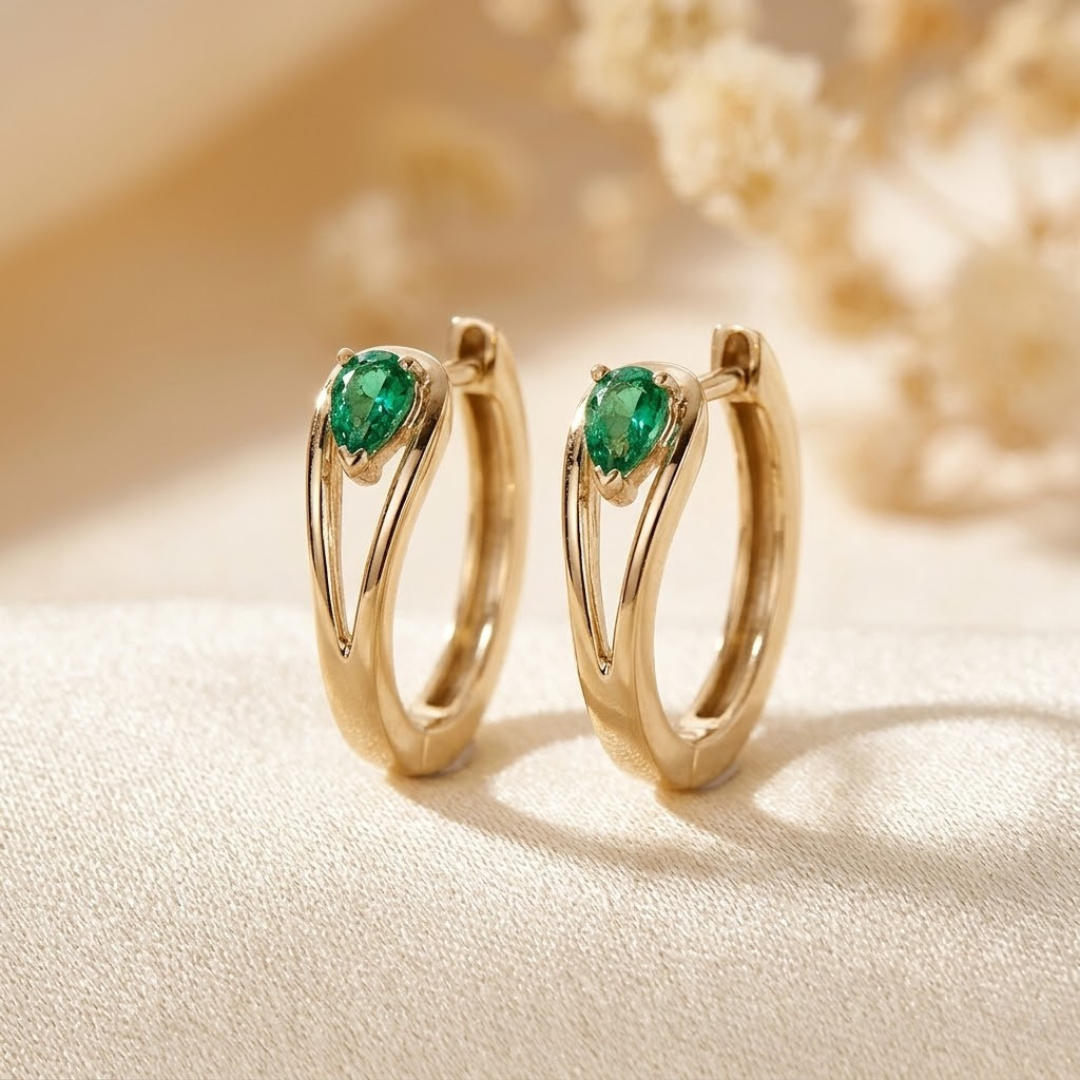 Emerald-Accented Gold Hoop Earrings