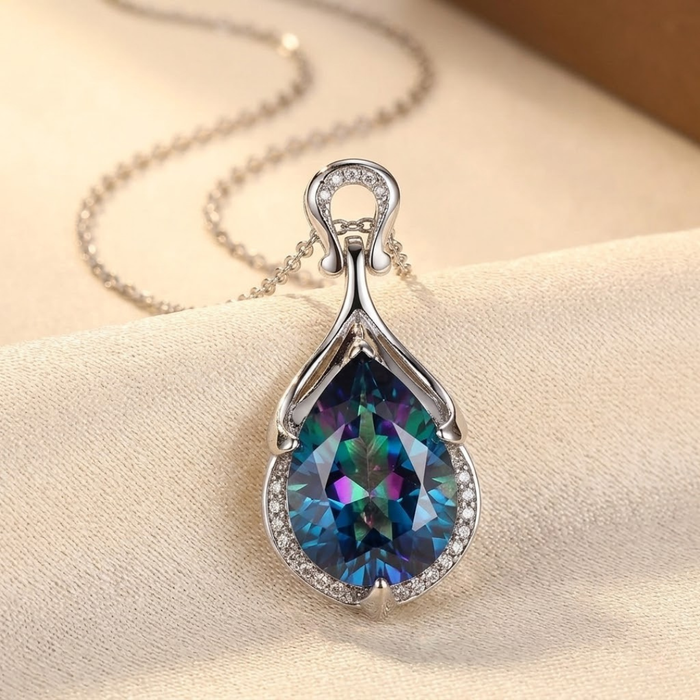 Silver Teardrop Necklace with Sapphire Accents