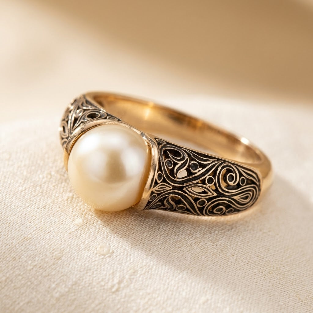 Elegant Pearl Ring with Intricate Gold Filigree Design
