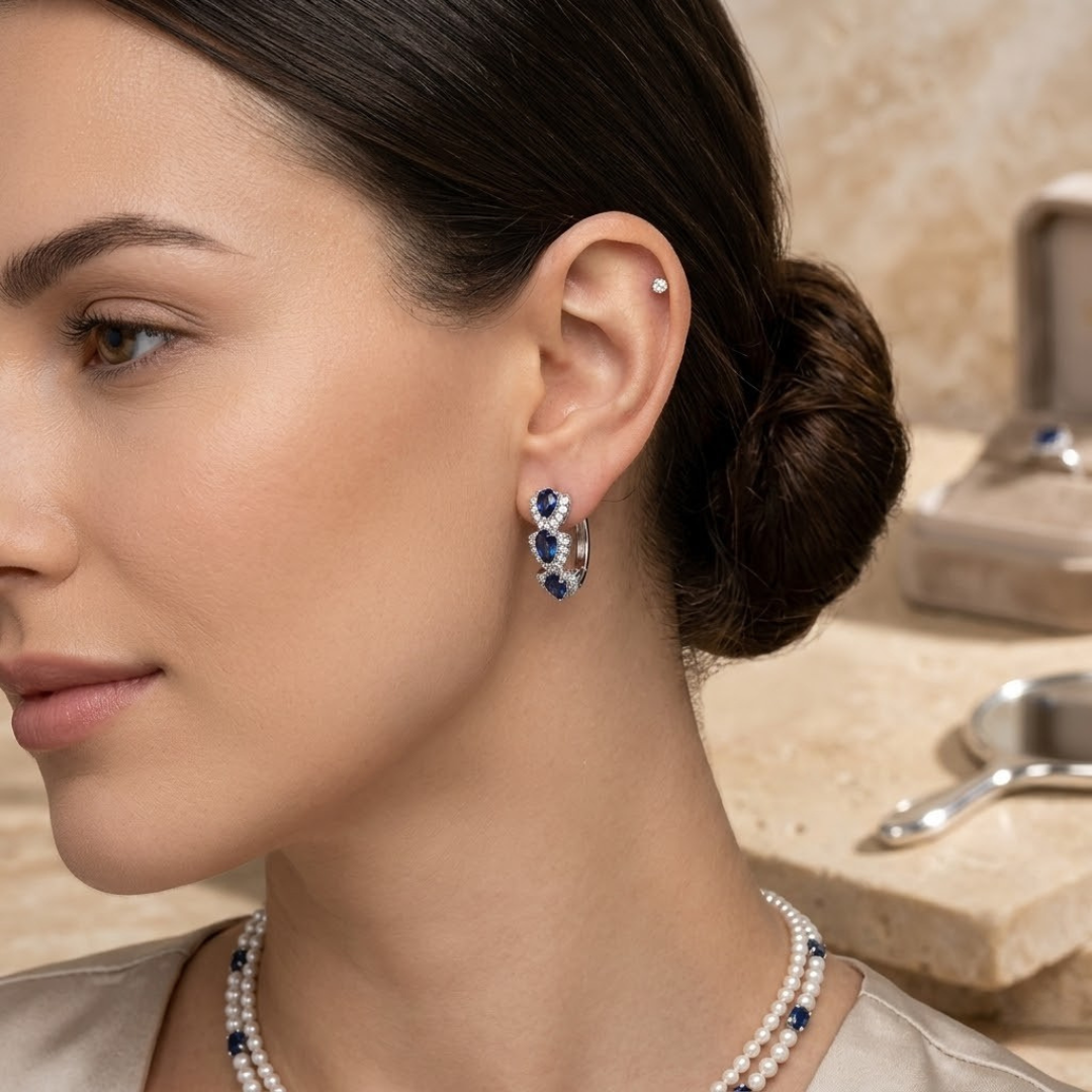 Sapphire Halo Silver Hoop Earrings