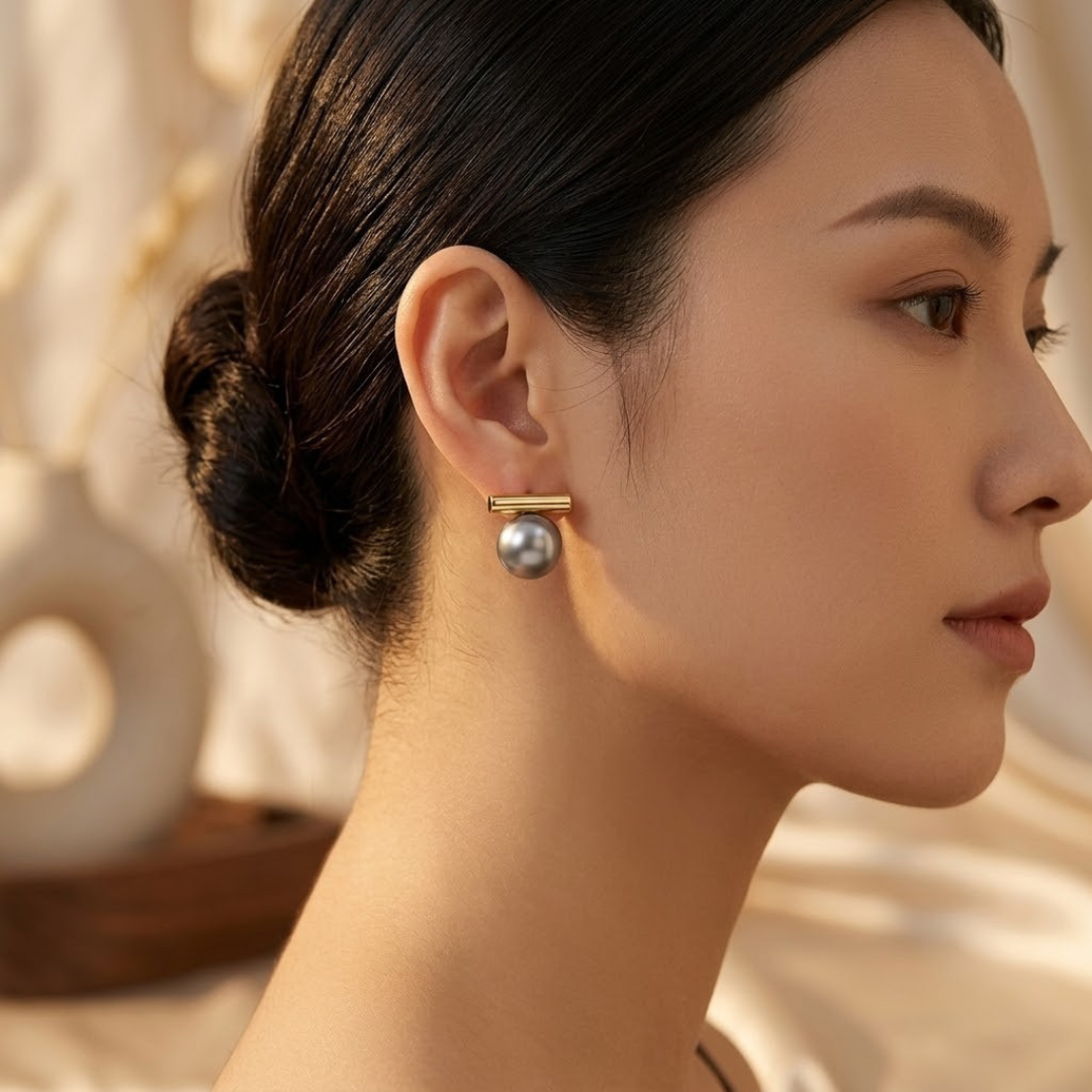 Gold Bar Pearl Stud Earrings