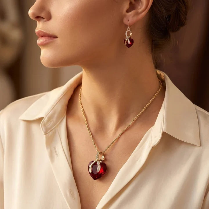 Twisted Heart Jewelry Set in Gold and Ruby