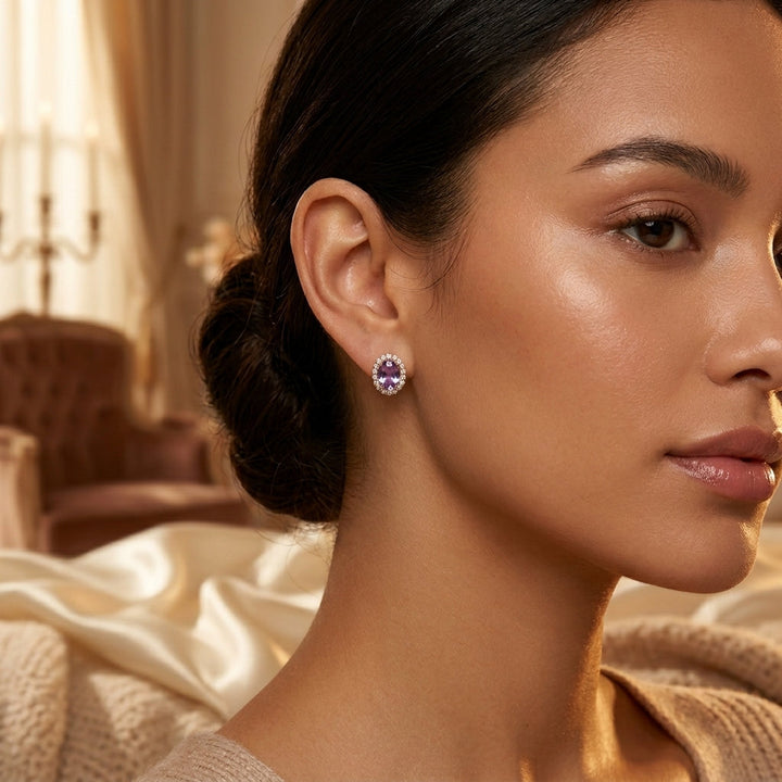 Amethyst Halo Earrings in Gold