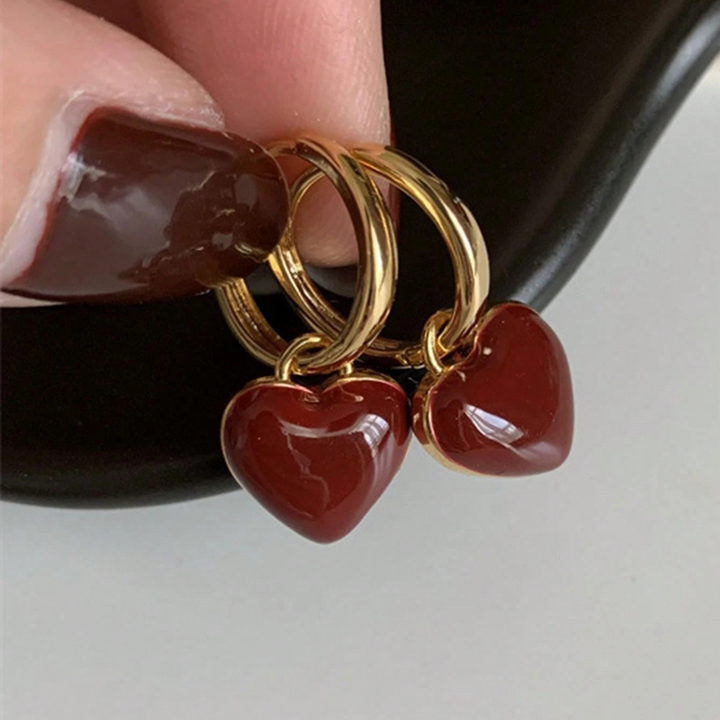 Crimson Heart Golden Hoop Earrings