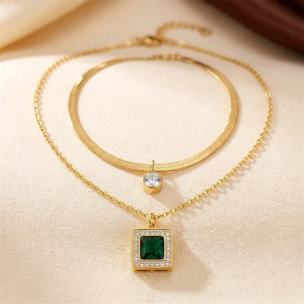 Emerald-Accented Gold Layered Necklace