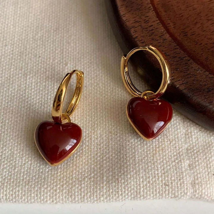 Crimson Heart Golden Hoop Earrings