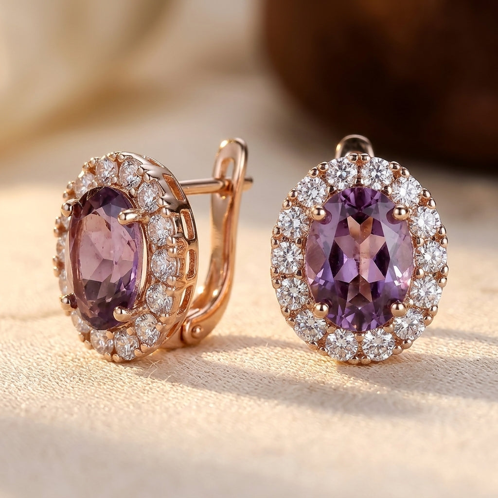 Amethyst Halo Earrings in Gold