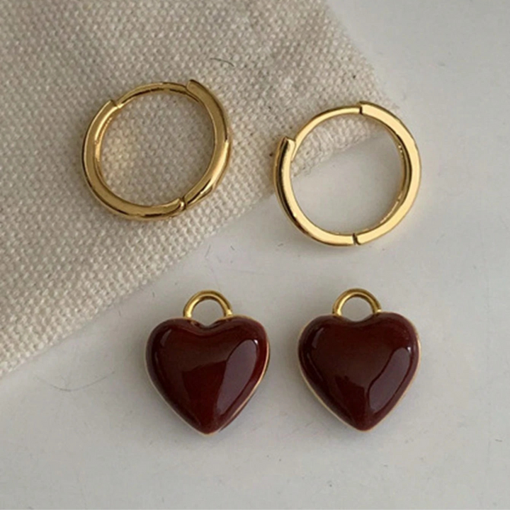 Crimson Heart Golden Hoop Earrings