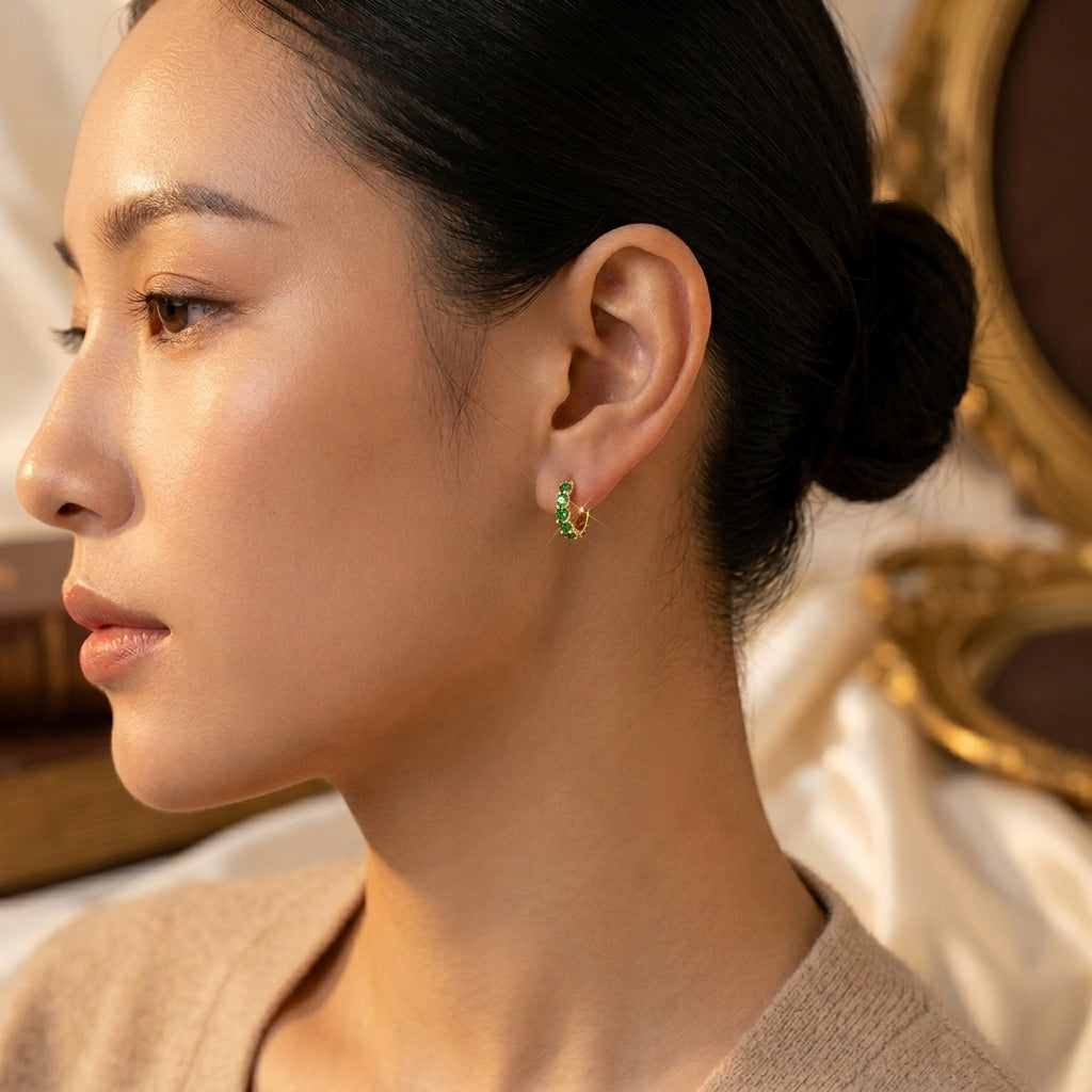 Emerald and Gold Lattice Hoop Earrings