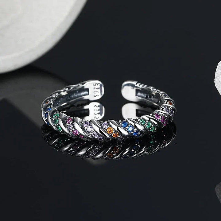 Retro Striped Silver Ring with Vintage Hues