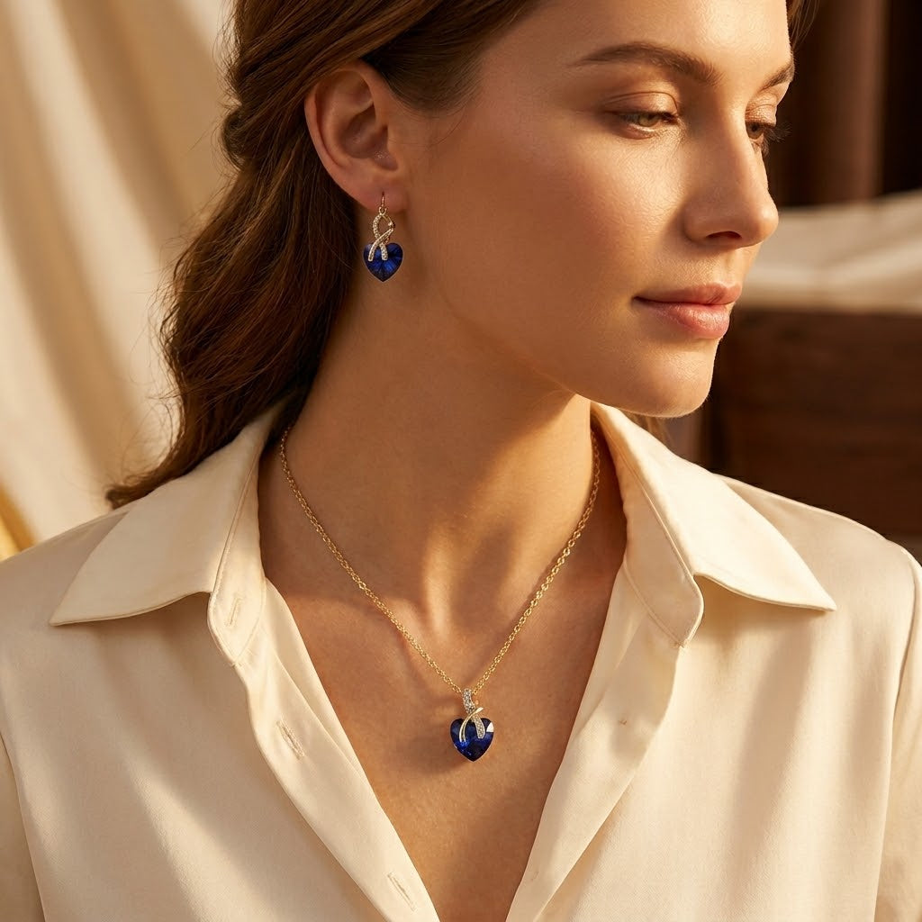 Gold Sapphire Heart Jewelry Set with Necklace and Earrings