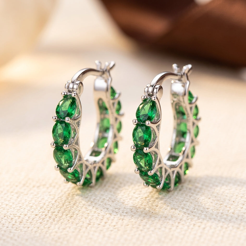 Emerald and Gold Lattice Hoop Earrings