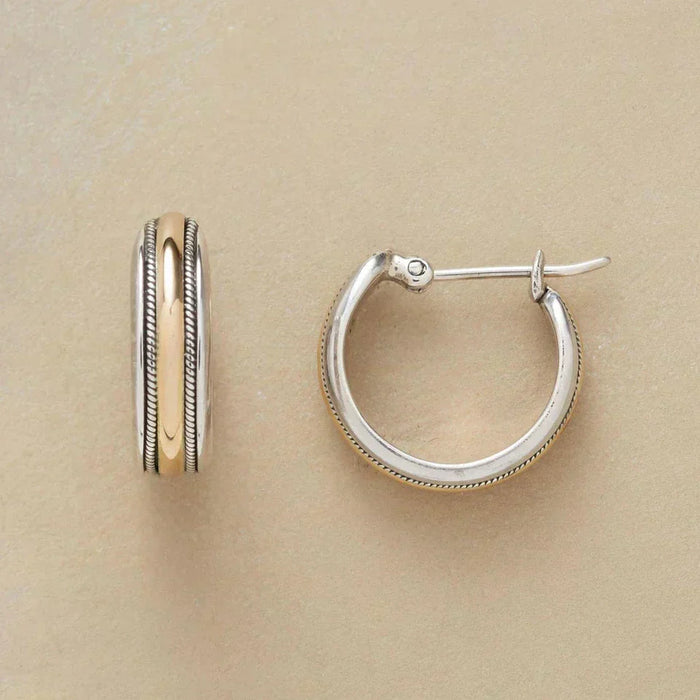 Retro Golden Stripe Silver Hoop Earrings