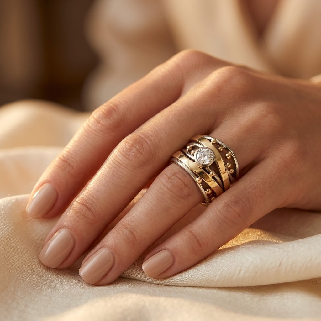 Gold and Silver Bezel-Set Wrap Ring