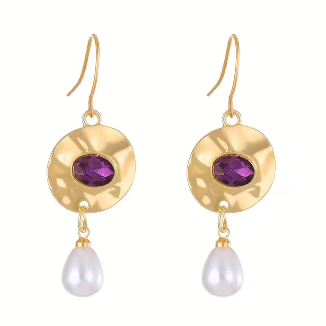 Purple Zirconia-Studded Pearl Earrings