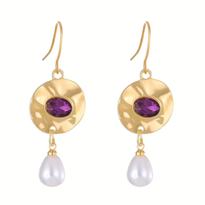 Purple Zirconia-Studded Pearl Earrings