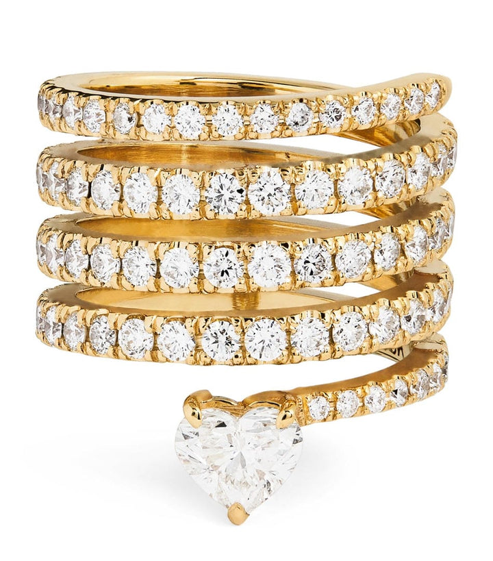Retro Gold Heart Wrap Ring Featuring Zirconia Details