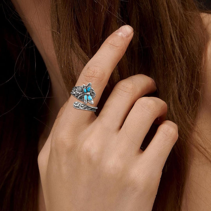 Adjustable Silver Dragonfly Ring with Turquoise Accent
