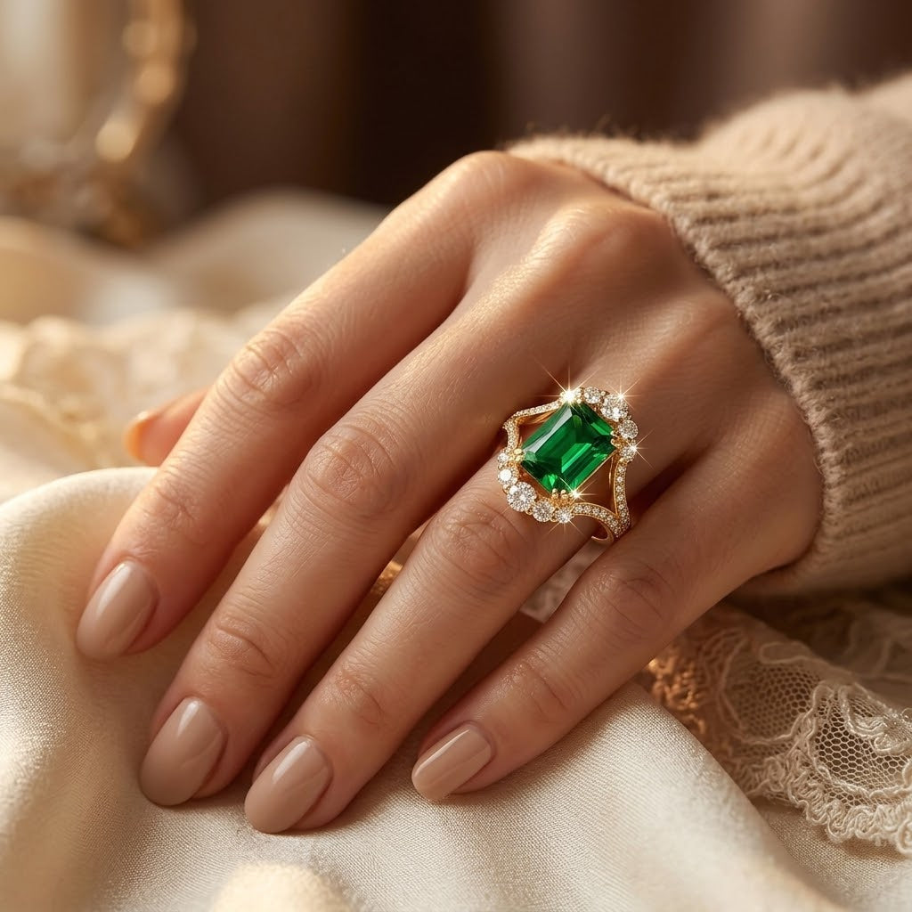 Emerald Halo Ring in Gold