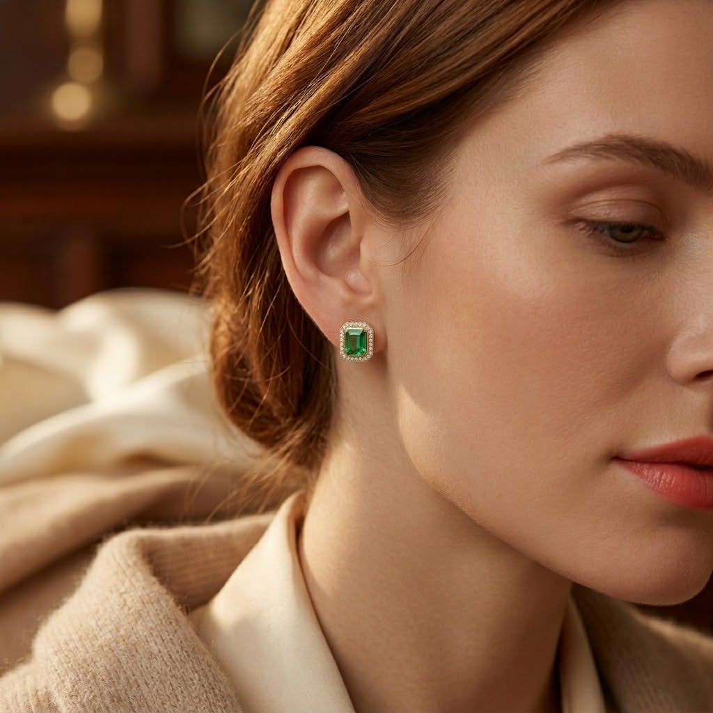 Gold Halo Stud Earrings with Emerald Square Design