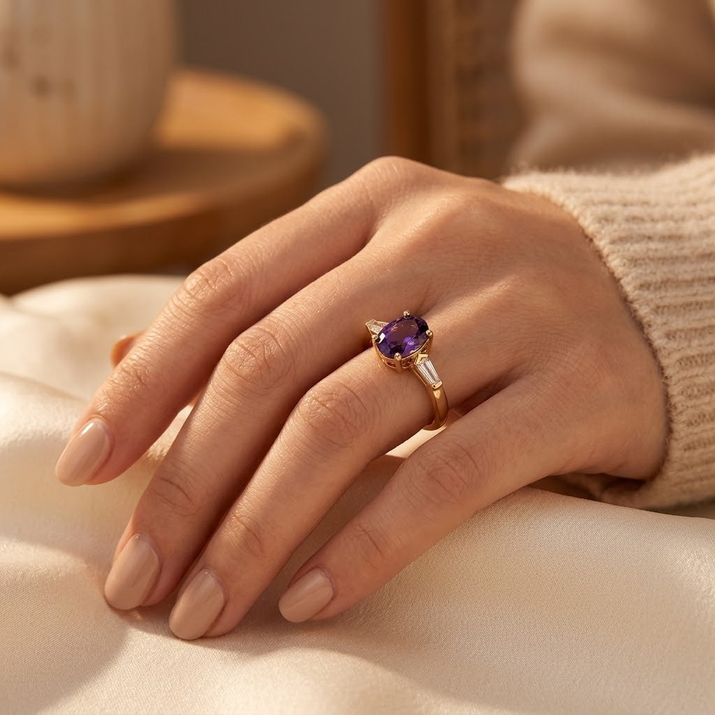 Tri-Stone Gold Ring with Amethyst