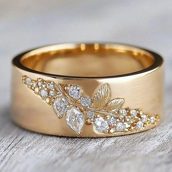 Elegant Golden Inlaid Zirconia Leaf Ring