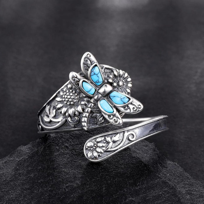 Adjustable Silver Dragonfly Ring with Turquoise Accent