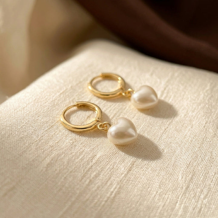 Golden Heart Pearl Dangle Earrings