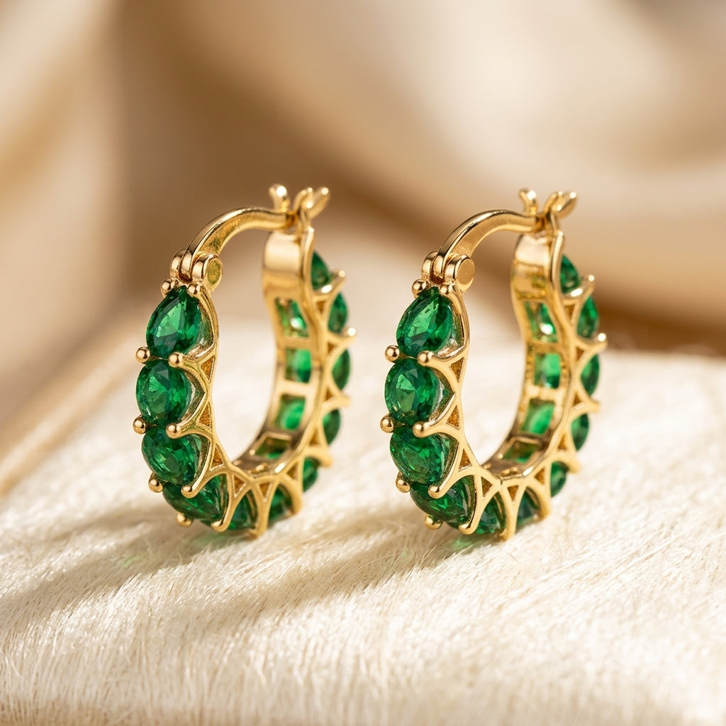 Emerald and Gold Lattice Hoop Earrings
