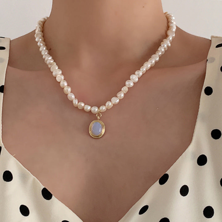Moonstone Pendant Necklace with Pearl Accents