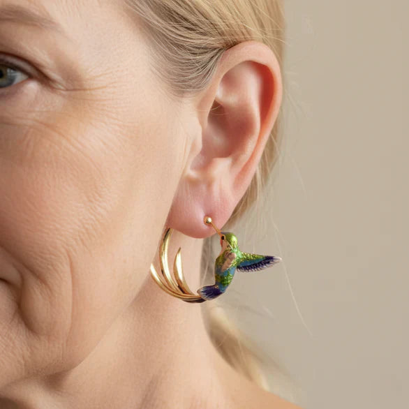 Retro Enamel Hummingbird Hoop Earrings