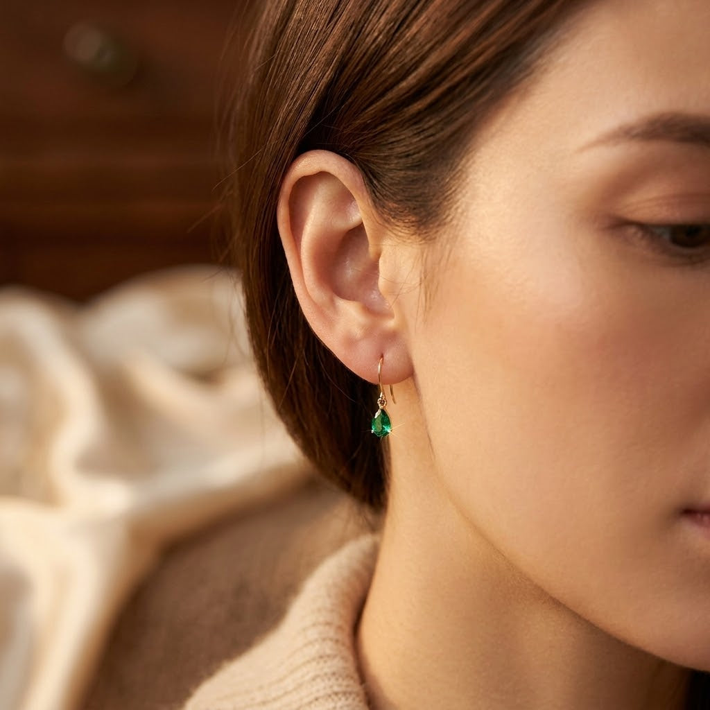 Emerald Teardrop Gold Drop Earrings