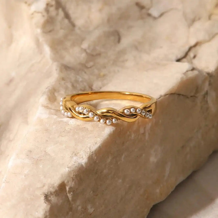 Elegant Twisted Pearl Gold Stacking Ring
