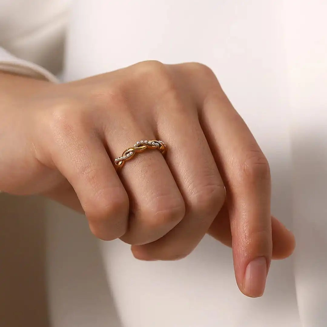 Elegant Twisted Pearl Gold Stacking Ring