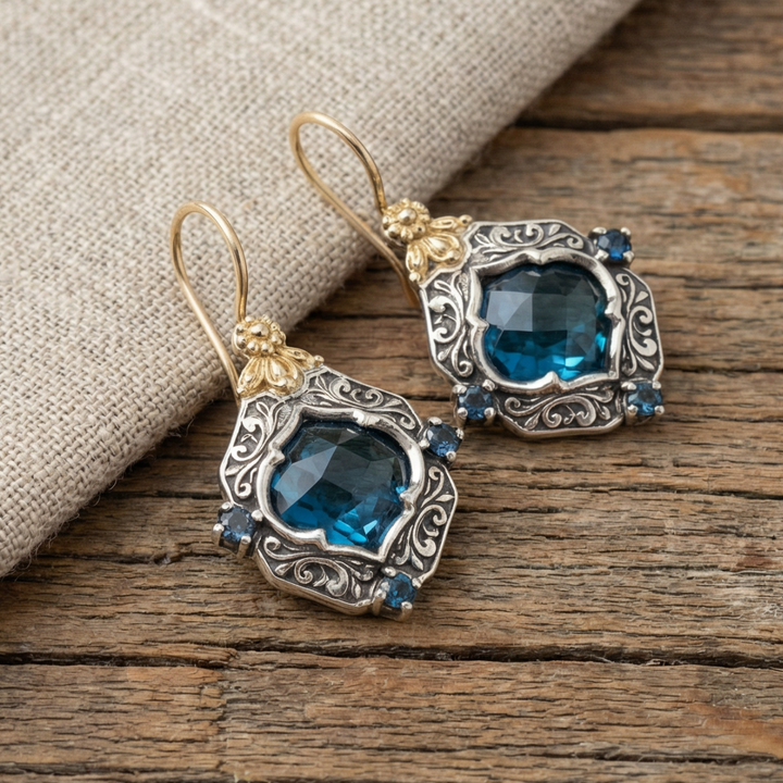 Retro Blue Crystal Gold and Silver Earrings