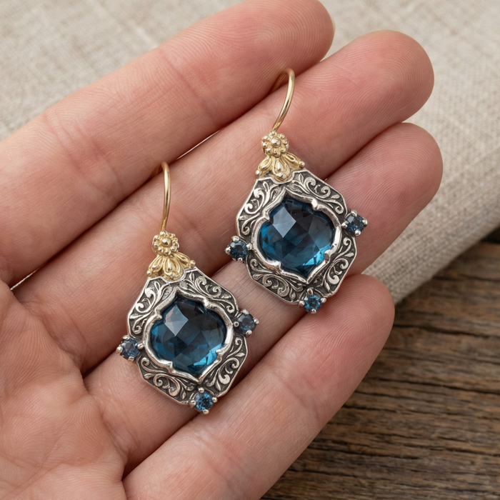 Retro Blue Crystal Gold and Silver Earrings