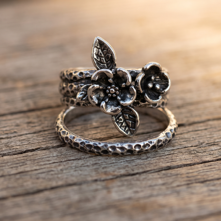 Retro Floral Silver Stacked Ring