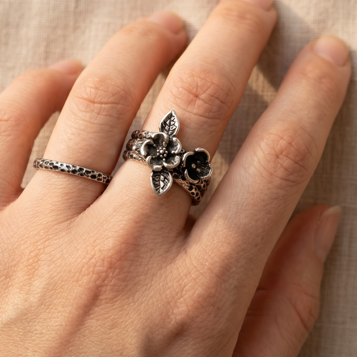 Retro Floral Silver Stacked Ring