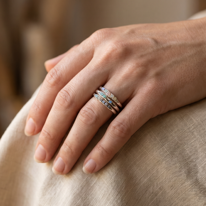 Antique Silver Ring with Stacked Blue Gemstones