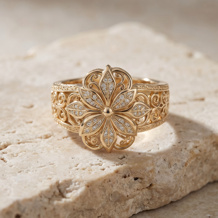 Luxurious Floral Zirconia Gold Band