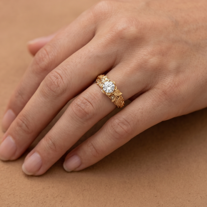 Zirconia Ring with Golden Leaf Design